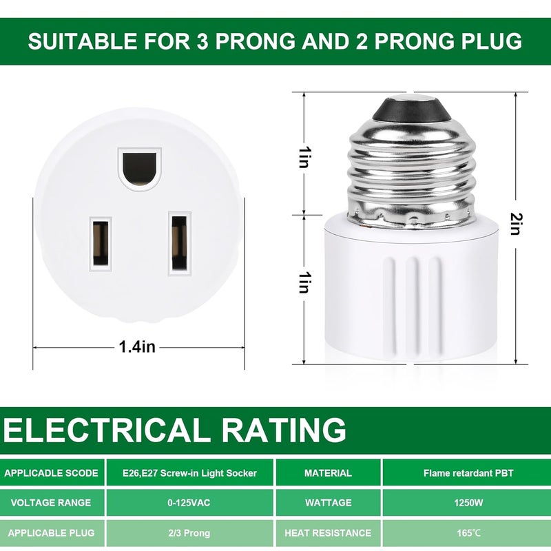 EMNOOTI Outlet Light Socket Adapter,Screw in Outlet Socket,E26 Light Bulb to Outlet Socket Converter,Light Bulb Plug Adapter for Porch Light Socket,Camera,Garage Light (2) - Image 3